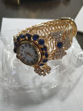 Gold-Tone Women's Bracelet Watch with Blue Crystal Accents